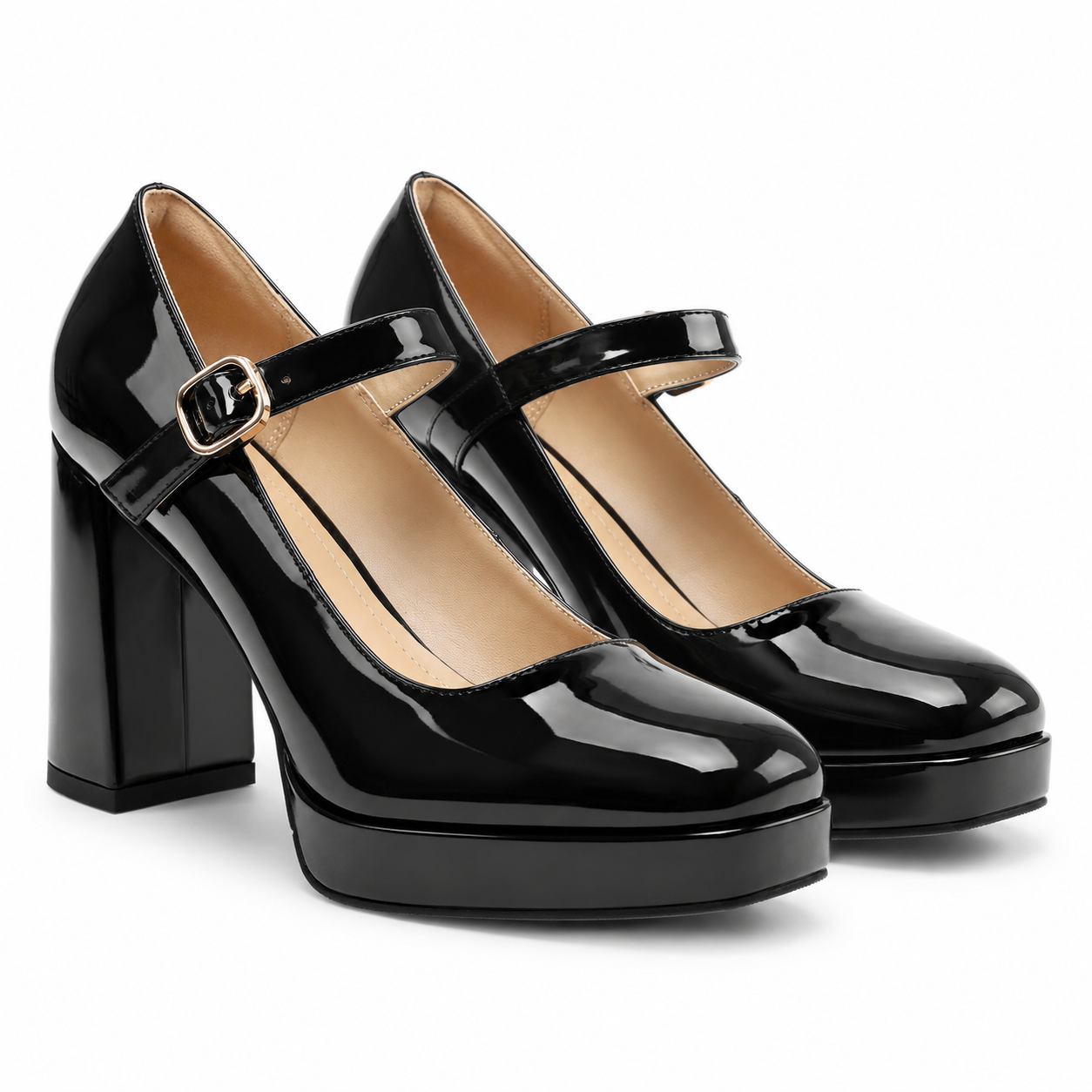 Black Patent Women's Square-Toe Block-Heel Patent Faux Leather Buckle Flats
