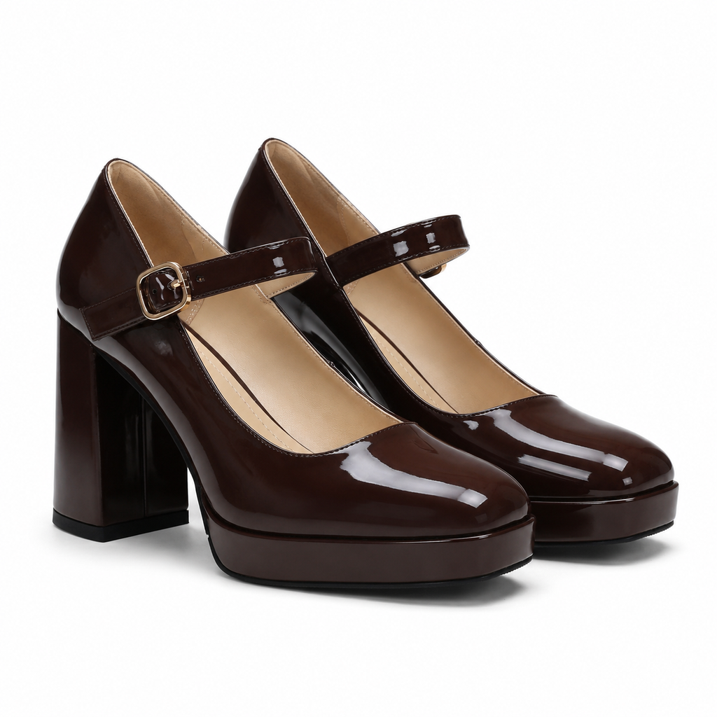 Brown Patent Women's Square-Toe Block-Heel Patent Faux Leather Buckle Flats