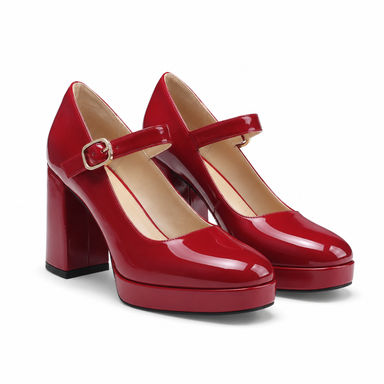 Red Patent Women's Square-Toe Block-Heel Patent Faux Leather Buckle Flats