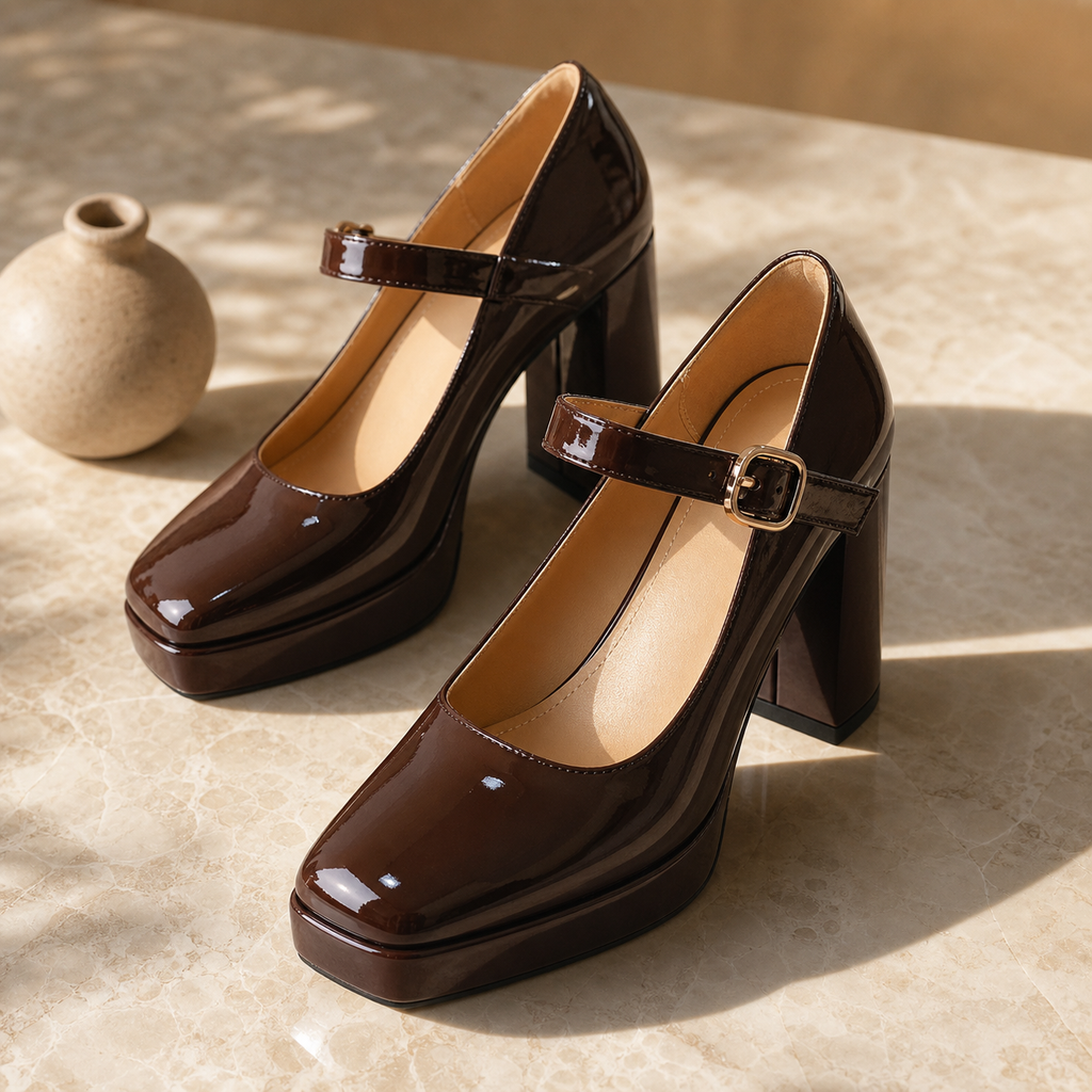 Brown Patent Women's Square-Toe Block-Heel Patent Faux Leather Buckle Flats styled scene