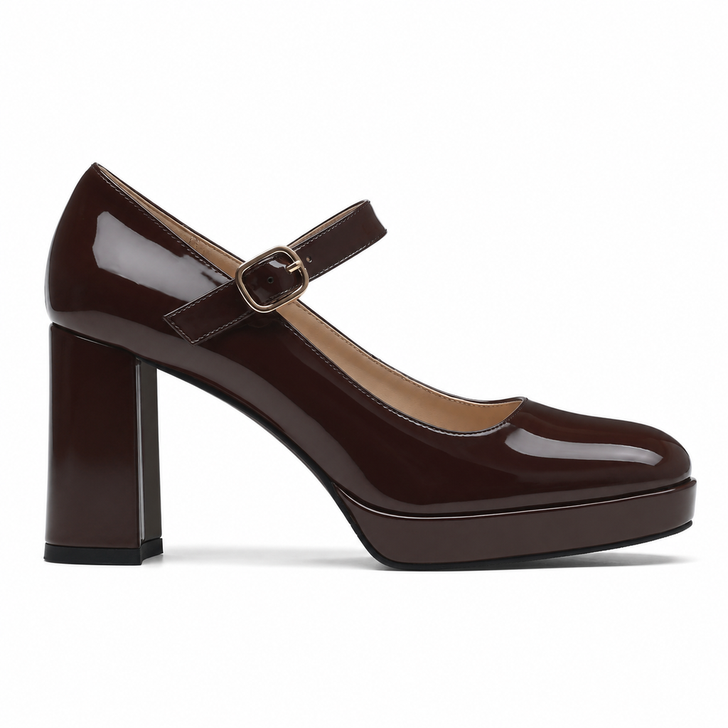 Brown Patent Women's Square-Toe Block-Heel Patent Faux Leather Buckle Flats side view