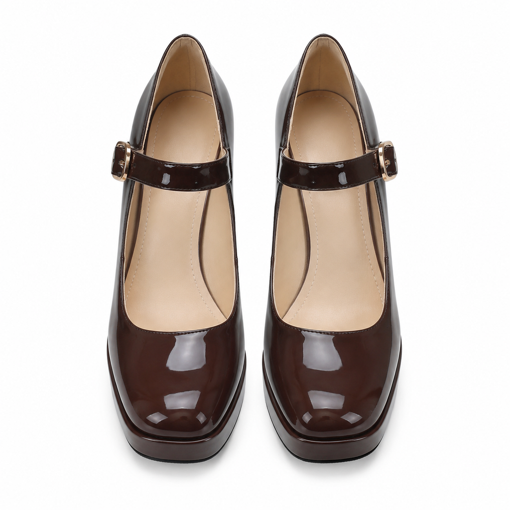 Brown Patent Women's Square-Toe Block-Heel Patent Faux Leather Buckle Flats top view