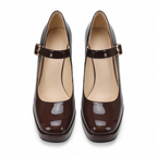 Brown Patent Women's Square-Toe Block-Heel Patent Faux Leather Buckle Flats top view