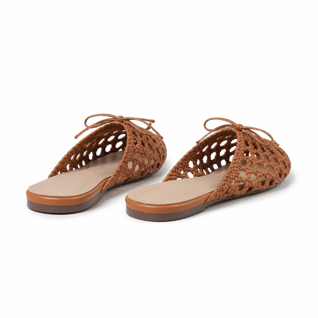 Rich Brown Women's Round-Toe Microfiber Bow Slip-On Flat Mules heel detail