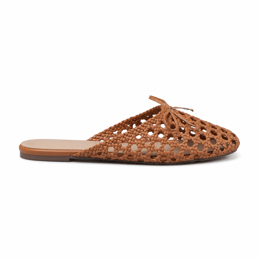 Rich Brown Women's Round-Toe Microfiber Bow Slip-On Flat Mules side view