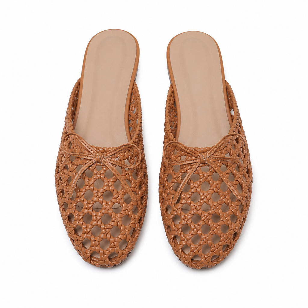 Rich Brown Women's Round-Toe Microfiber Bow Slip-On Flat Mules top view