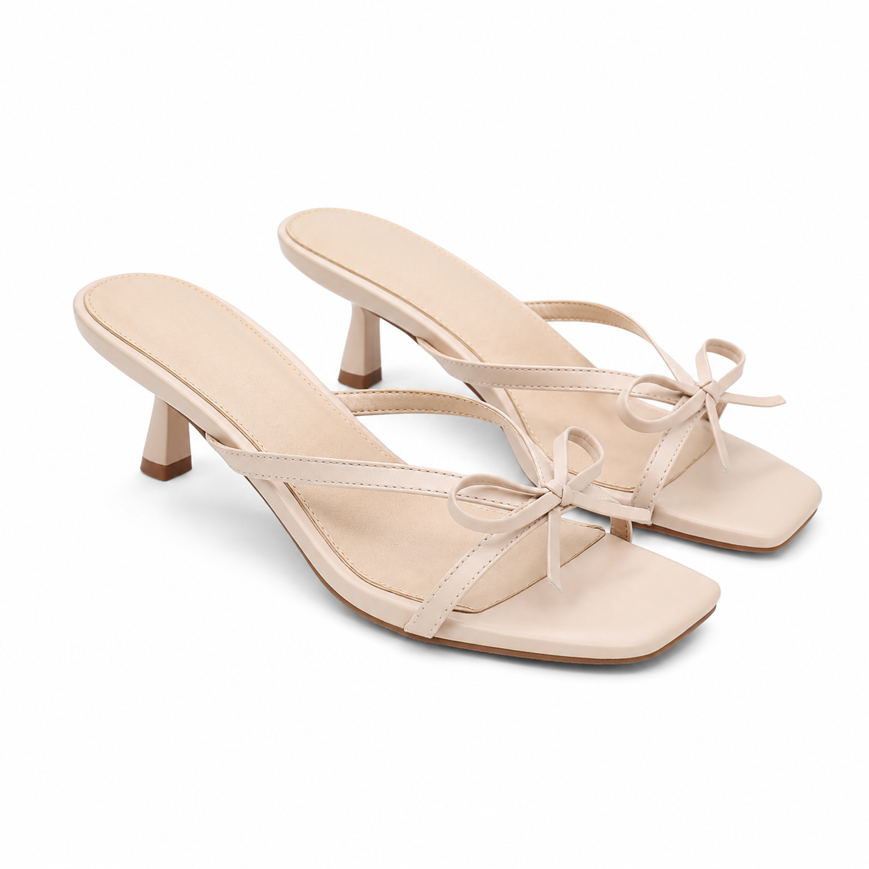 Warm Beige Women's Open-Toe Faux Leather Thong Heeled Sandals