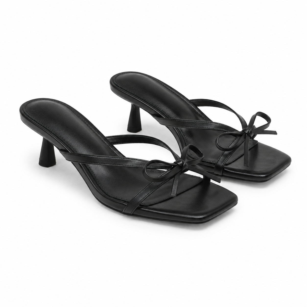 Deep Black Women's Open-Toe Faux Leather Thong Heeled Sandals