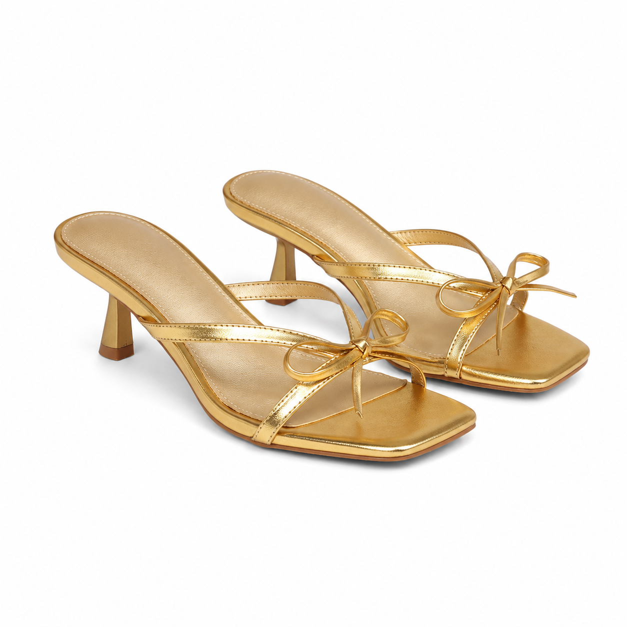 Warm Gold Women's Open-Toe Faux Leather Thong Heeled Sandals
