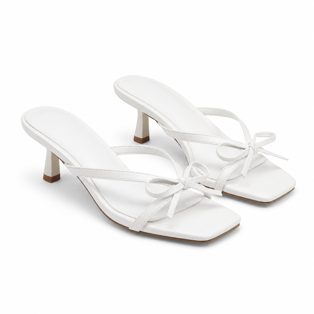Cream Ivory Women's Open-Toe Faux Leather Thong Heeled Sandals