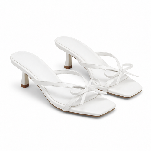 Cream Ivory Women's Open-Toe Faux Leather Thong Heeled Sandals