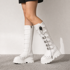Cream Ivory Orvieto Leather Knee-High Boots on-foot view