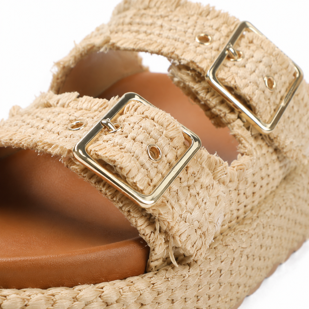 Soft Apricot Tropea Raffia Multi-Strap Sandals close-up detail