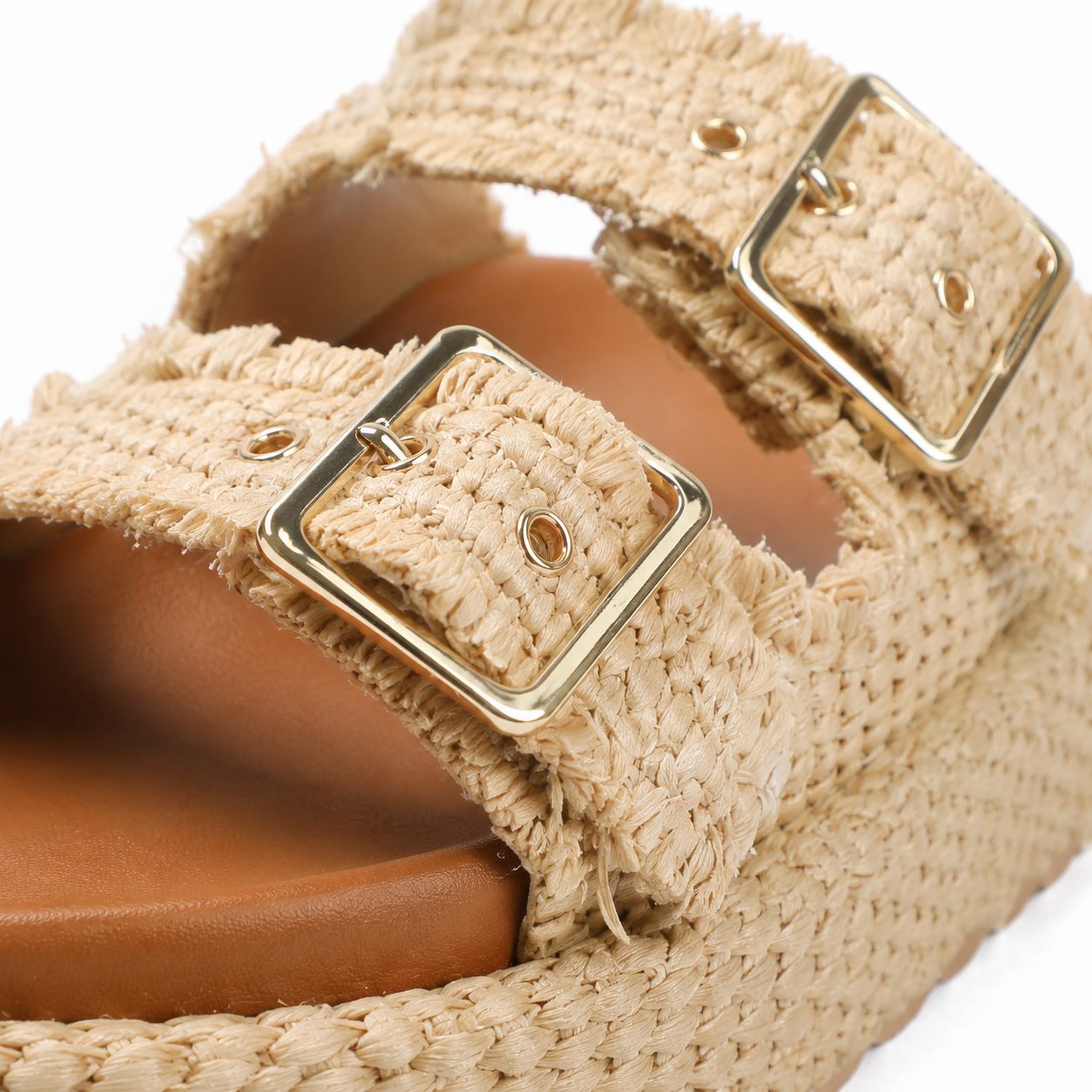 Soft Apricot Tropea Raffia Multi-Strap Sandals close-up detail