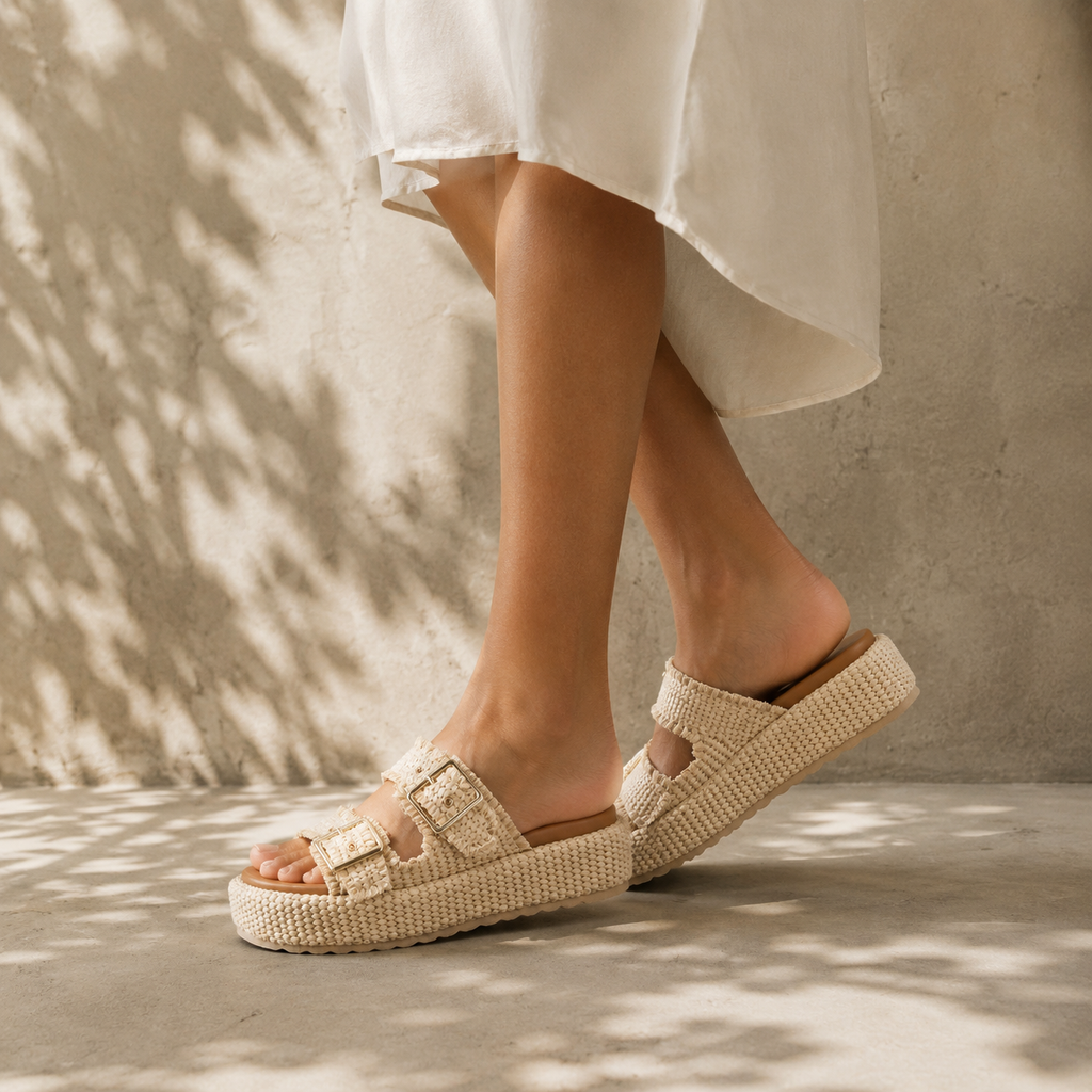 Soft Apricot Tropea Raffia Multi-Strap Sandals on-foot view