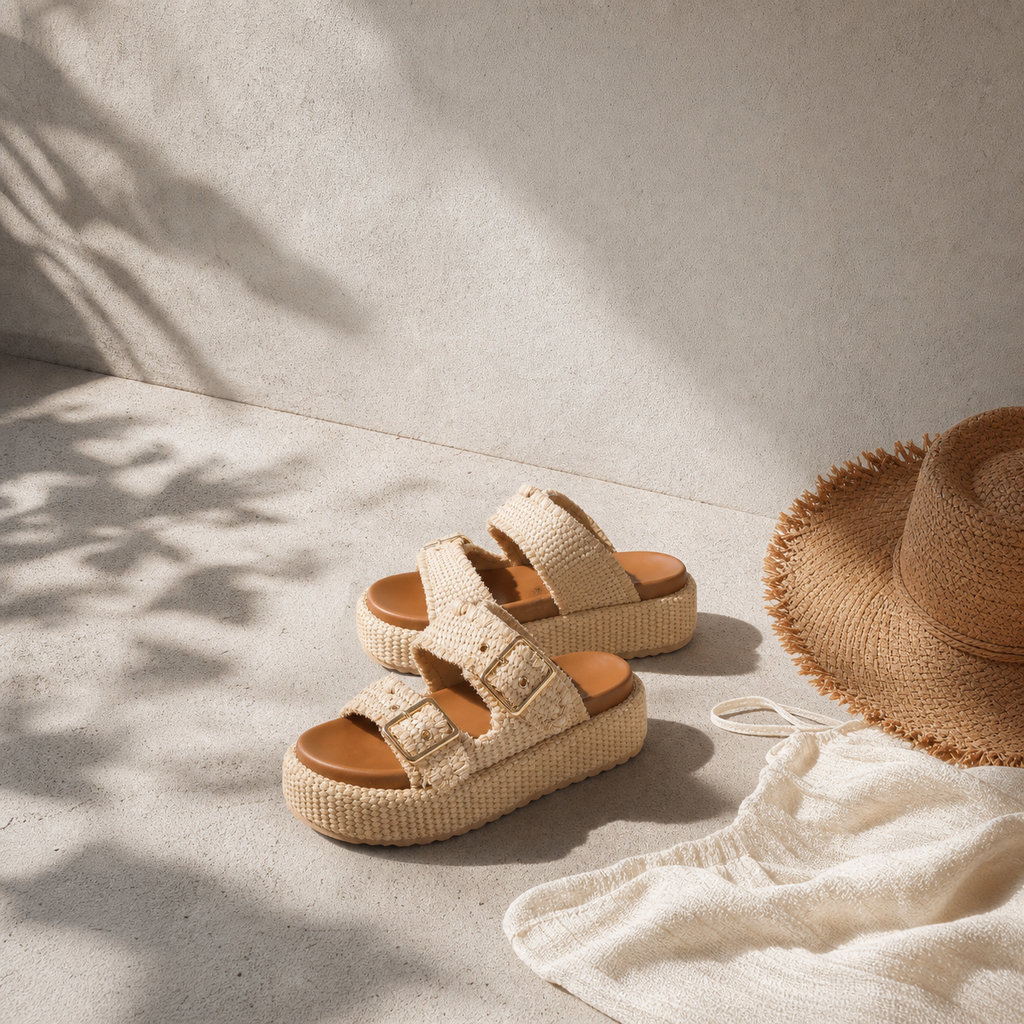 Soft Apricot Tropea Raffia Multi-Strap Sandals styled scene