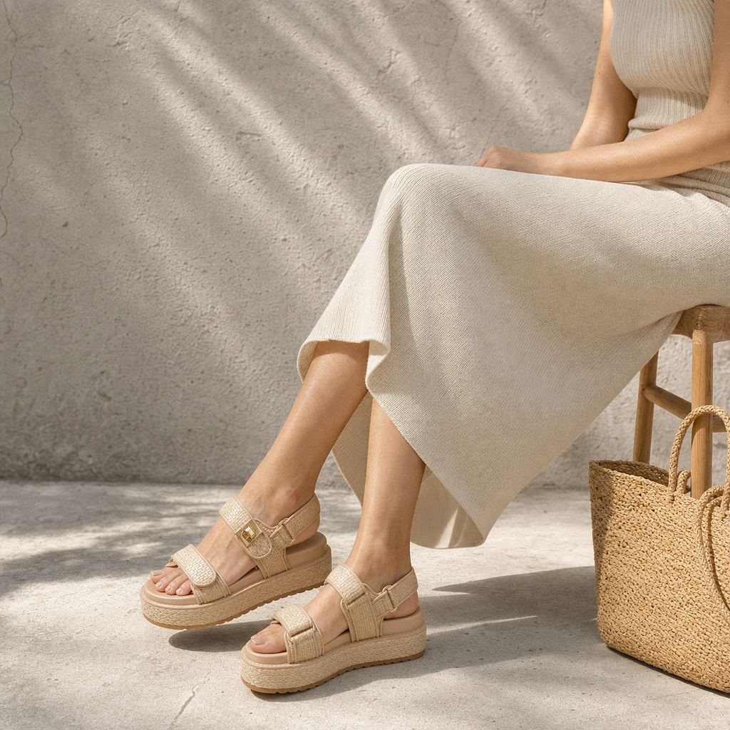 Soft Apricot Procida Raffia Gladiator Sandals lifestyle scene