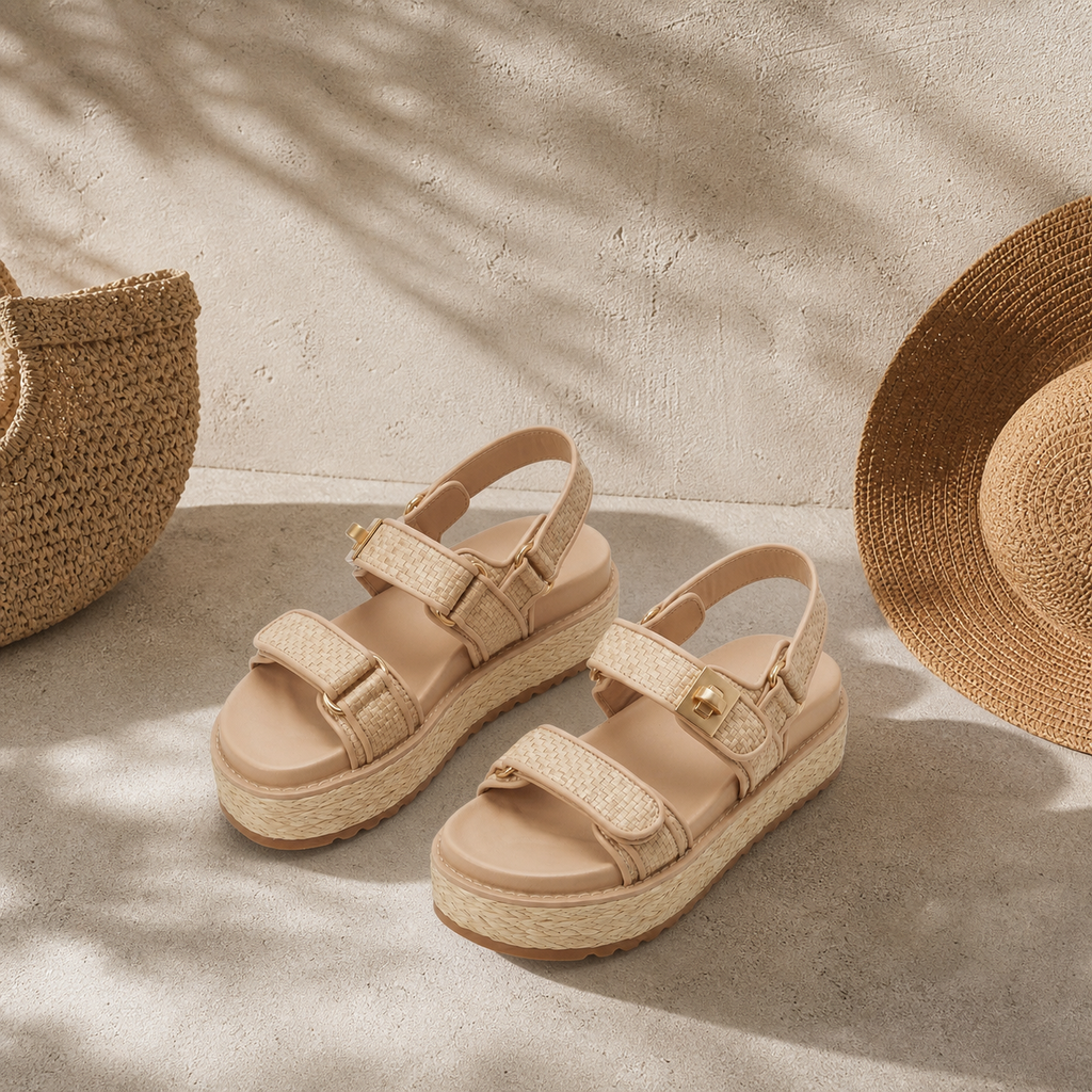 Soft Apricot Procida Raffia Gladiator Sandals styled scene
