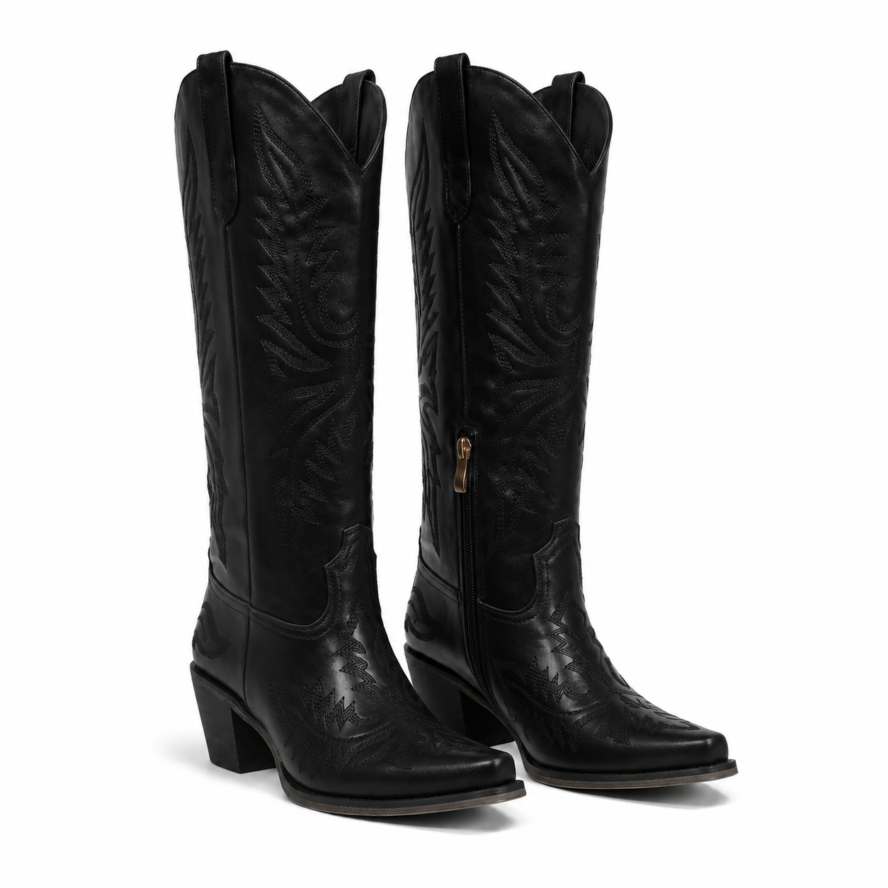 Deep Black Urbino Leather Square-Heel Boots
