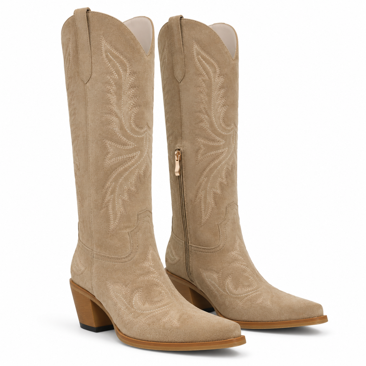 Camel Suede Urbino Leather Square-Heel Boots