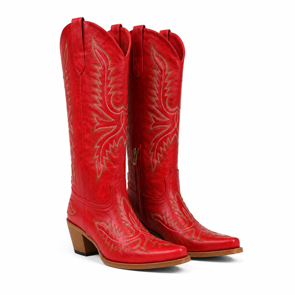 Deep Red Urbino Leather Square-Heel Boots