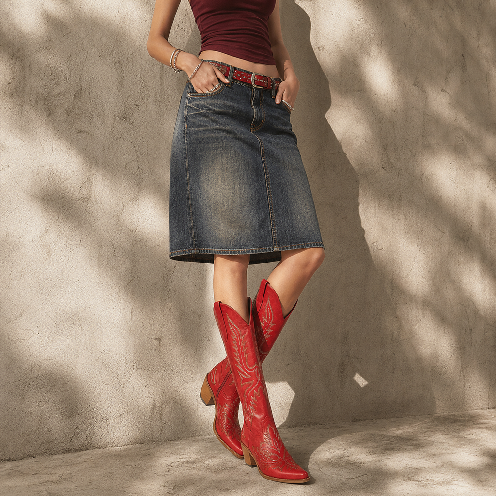 Deep Red Urbino Leather Square-Heel Boots lifestyle scene