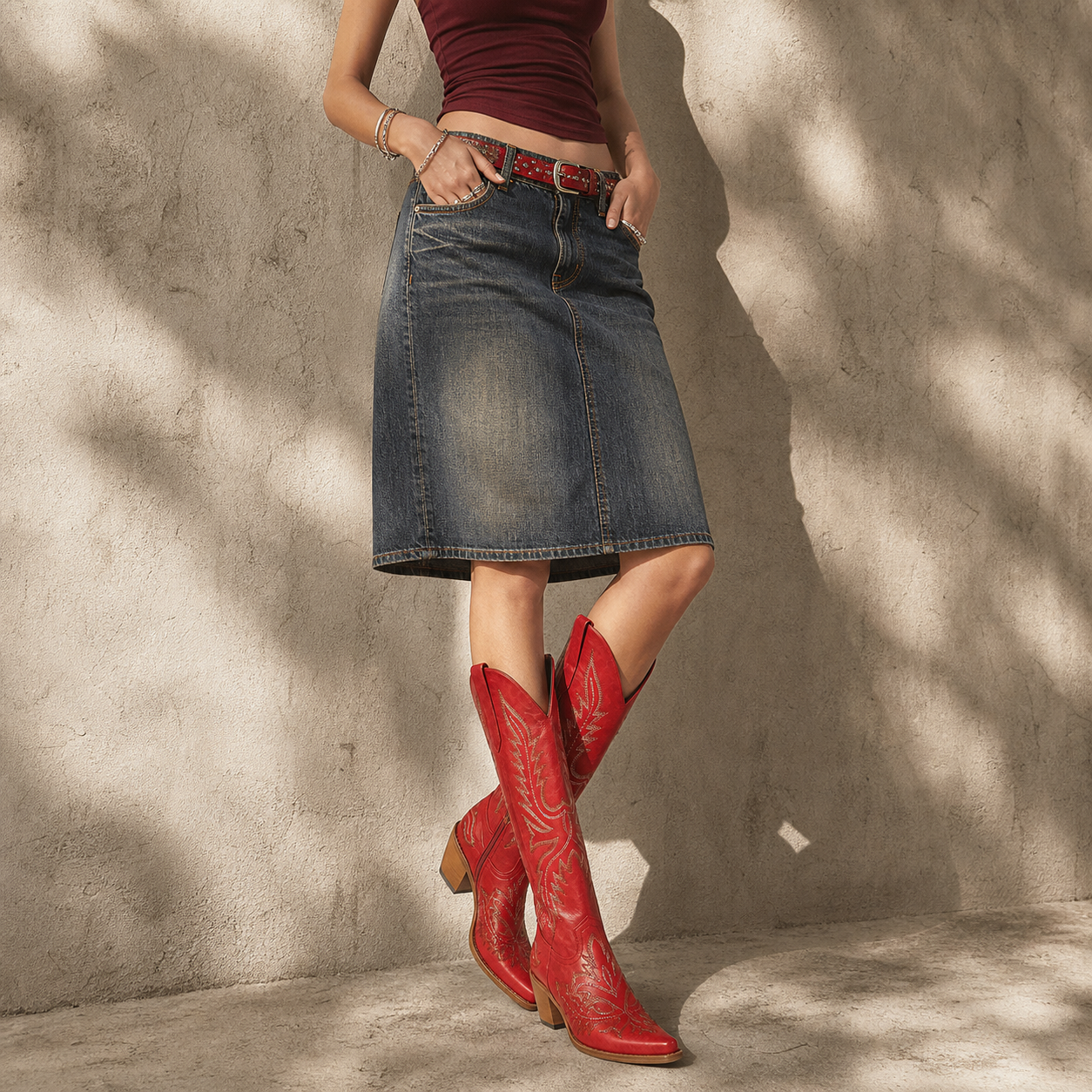Deep Red Urbino Leather Square-Heel Boots lifestyle scene