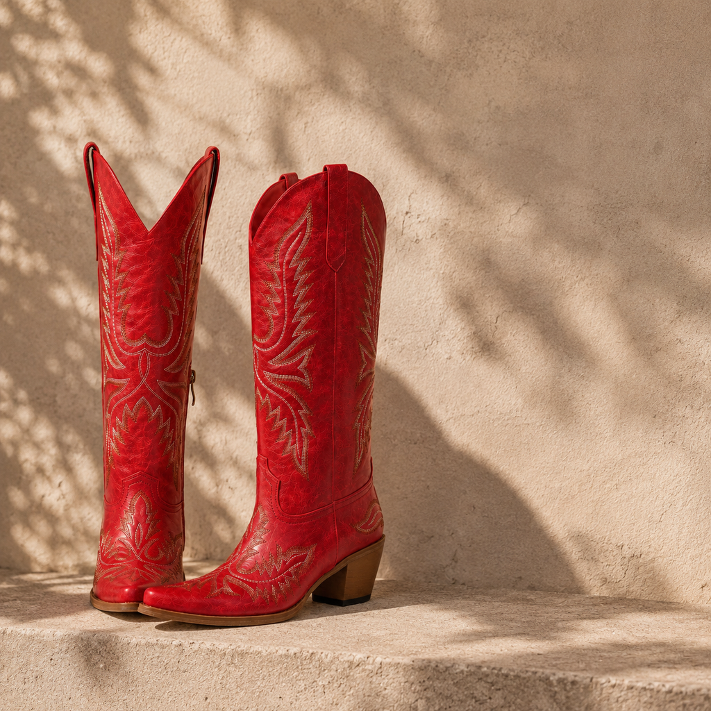 Deep Red Urbino Leather Square-Heel Boots styled scene