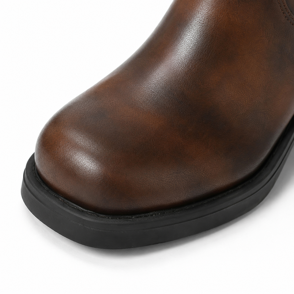 Rich Brown Sintra Leather Block-Heel Boots close-up detail