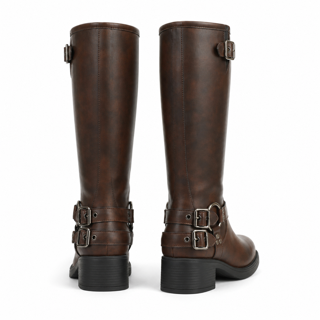 Rich Brown Sintra Leather Block-Heel Boots heel detail