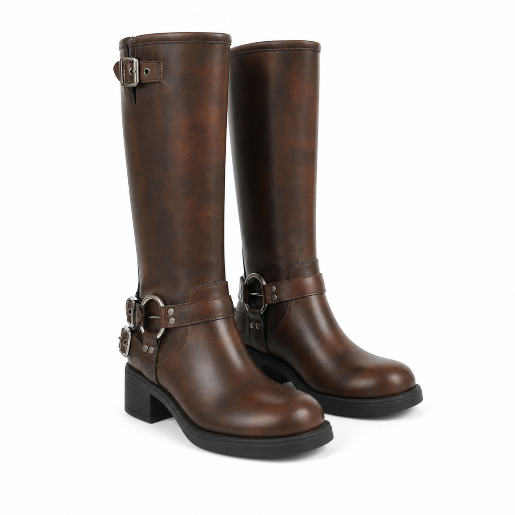 Rich Brown Sintra Leather Block-Heel Boots