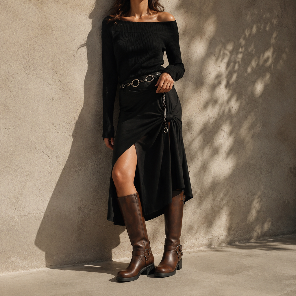 Rich Brown Sintra Leather Block-Heel Boots lifestyle scene