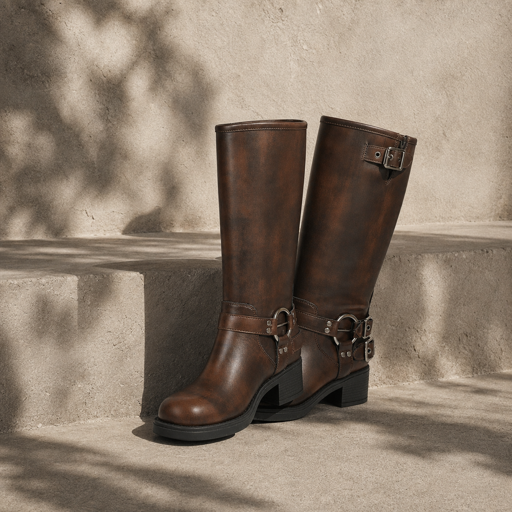 Rich Brown Sintra Leather Block-Heel Boots styled scene