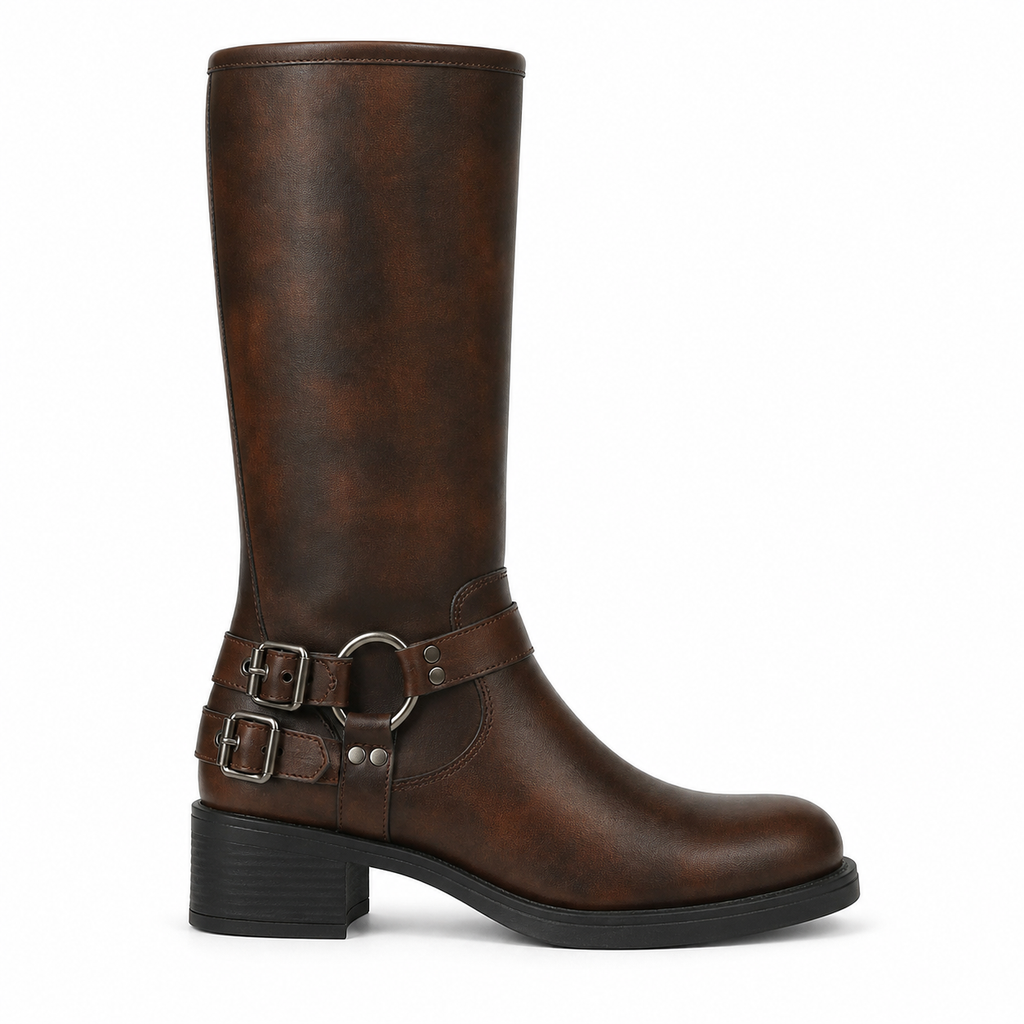 Rich Brown Sintra Leather Block-Heel Boots side view