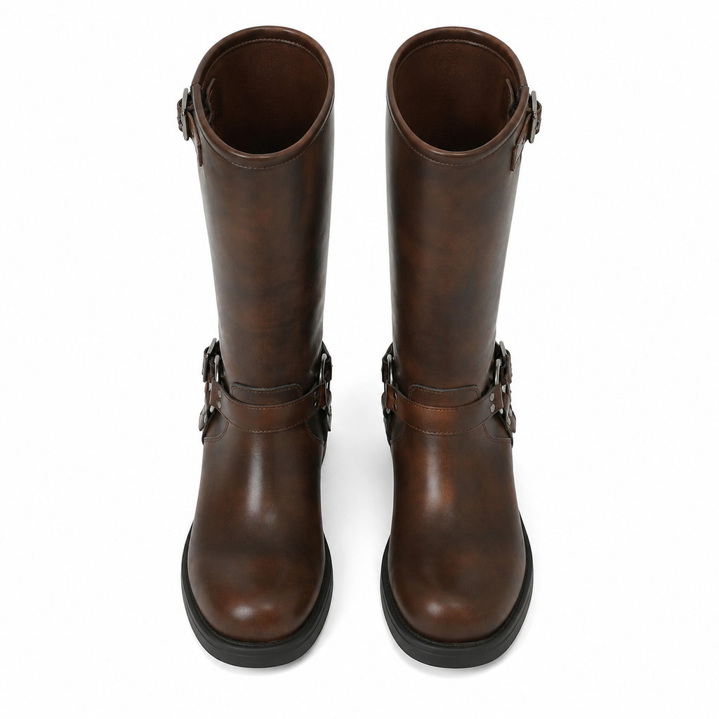 Rich Brown Sintra Leather Block-Heel Boots top view