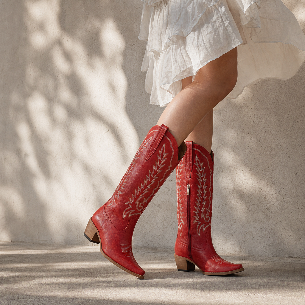 Deep Red Asti Knee-High Boots on-foot view