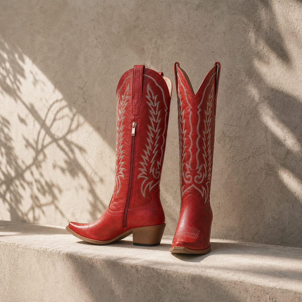 Deep Red Asti Knee-High Boots styled scene