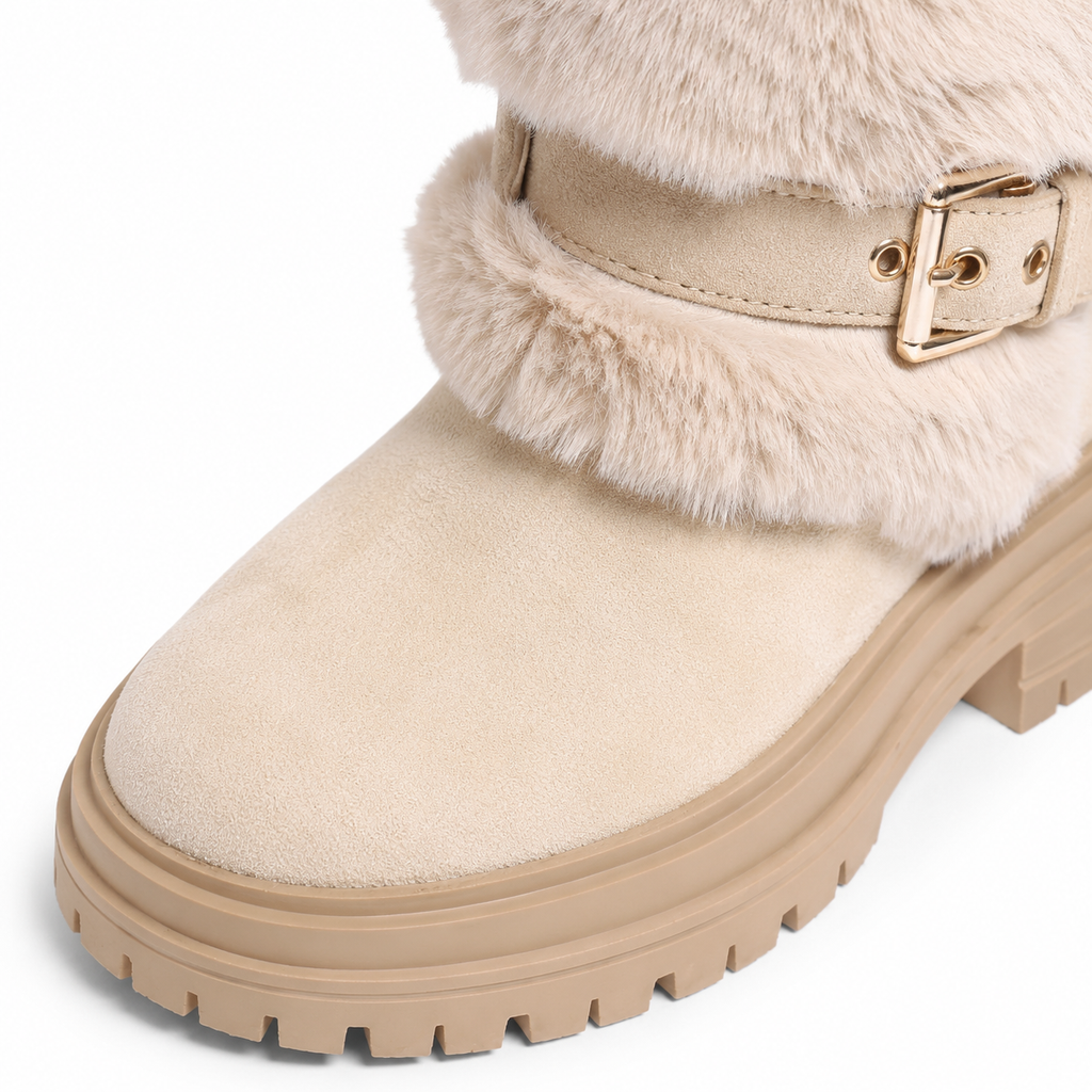 Beige Suede Cuenca Block-Heel Boots close-up detail