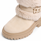 Beige Suede Cuenca Block-Heel Boots close-up detail