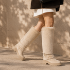Beige Suede Cuenca Block-Heel Boots on-foot view