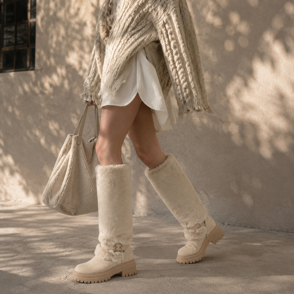 Beige Suede Cuenca Block-Heel Boots lifestyle scene