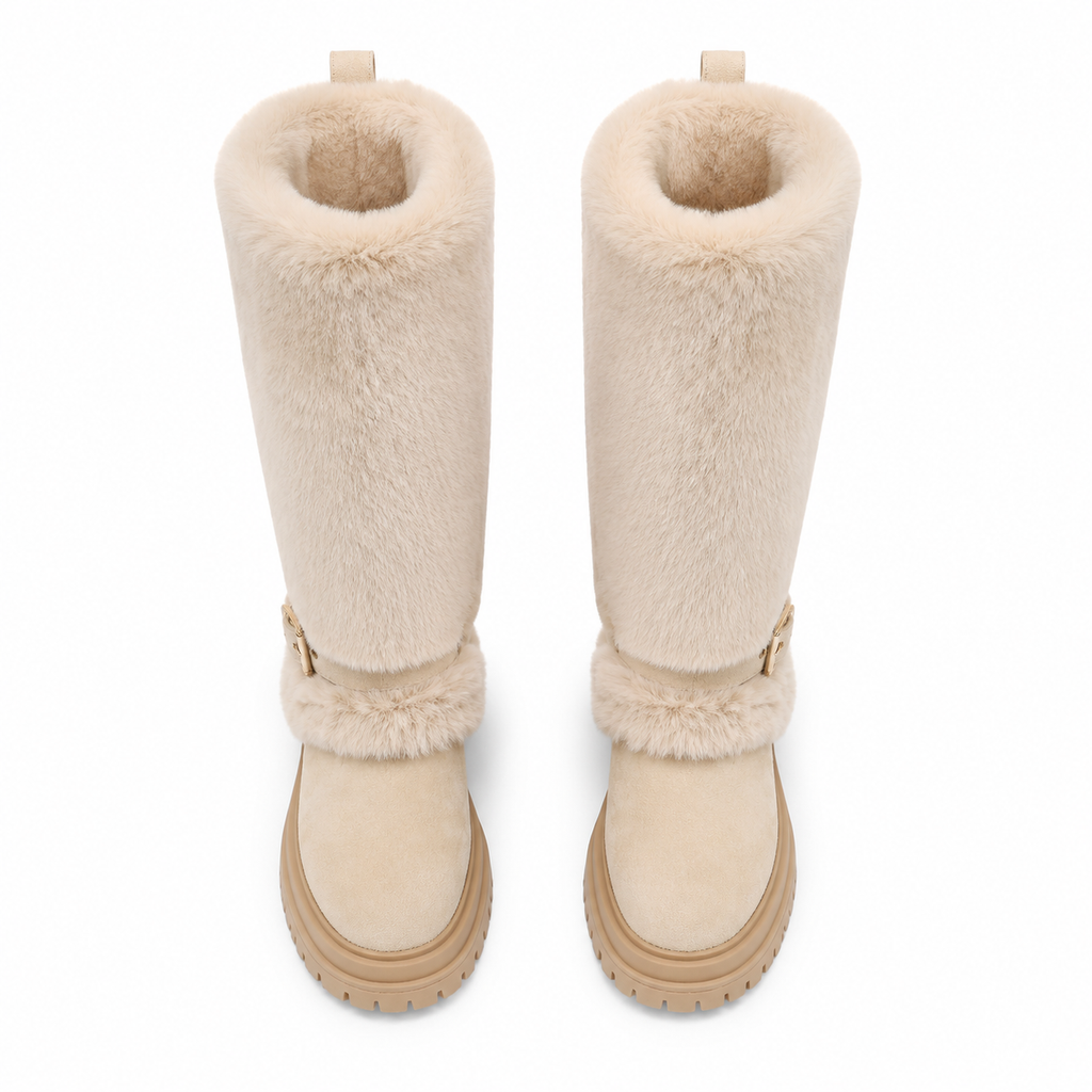 Beige Suede Cuenca Block-Heel Boots top view