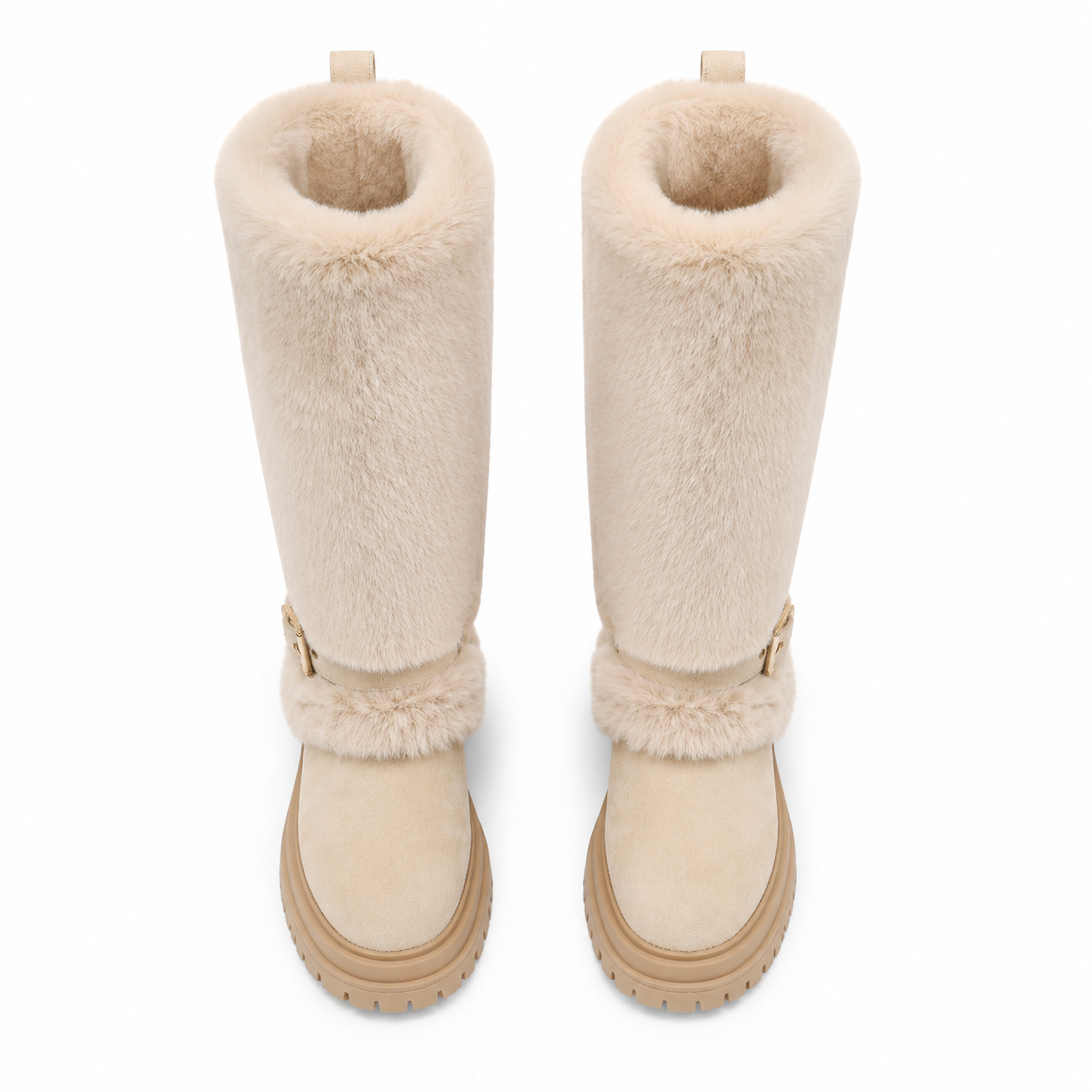 Beige Suede Cuenca Block-Heel Boots top view