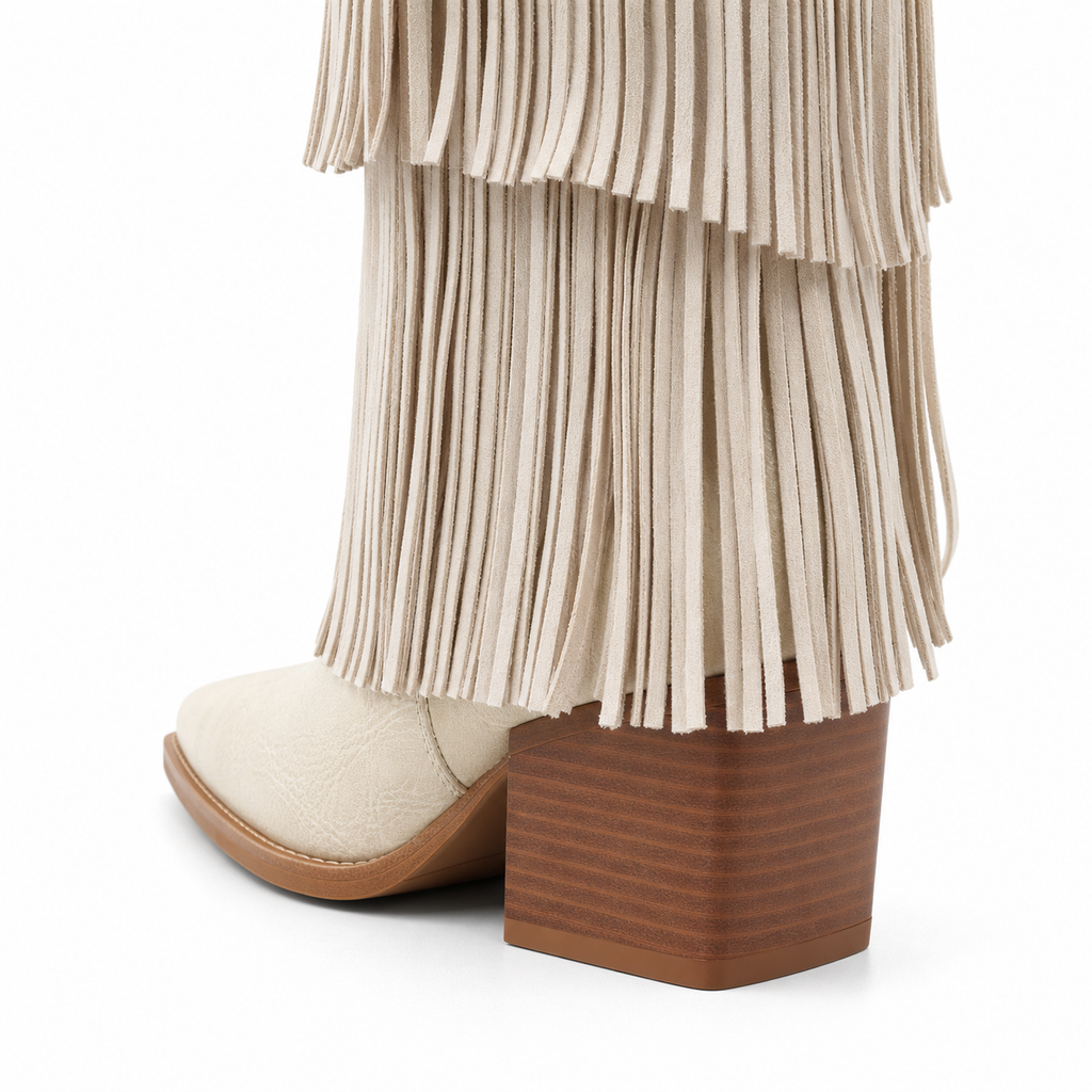Soft Cream Besalu Leather Square-Heel Boots close-up detail