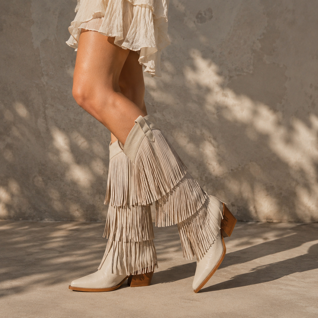 Soft Cream Besalu Leather Square-Heel Boots on-foot view