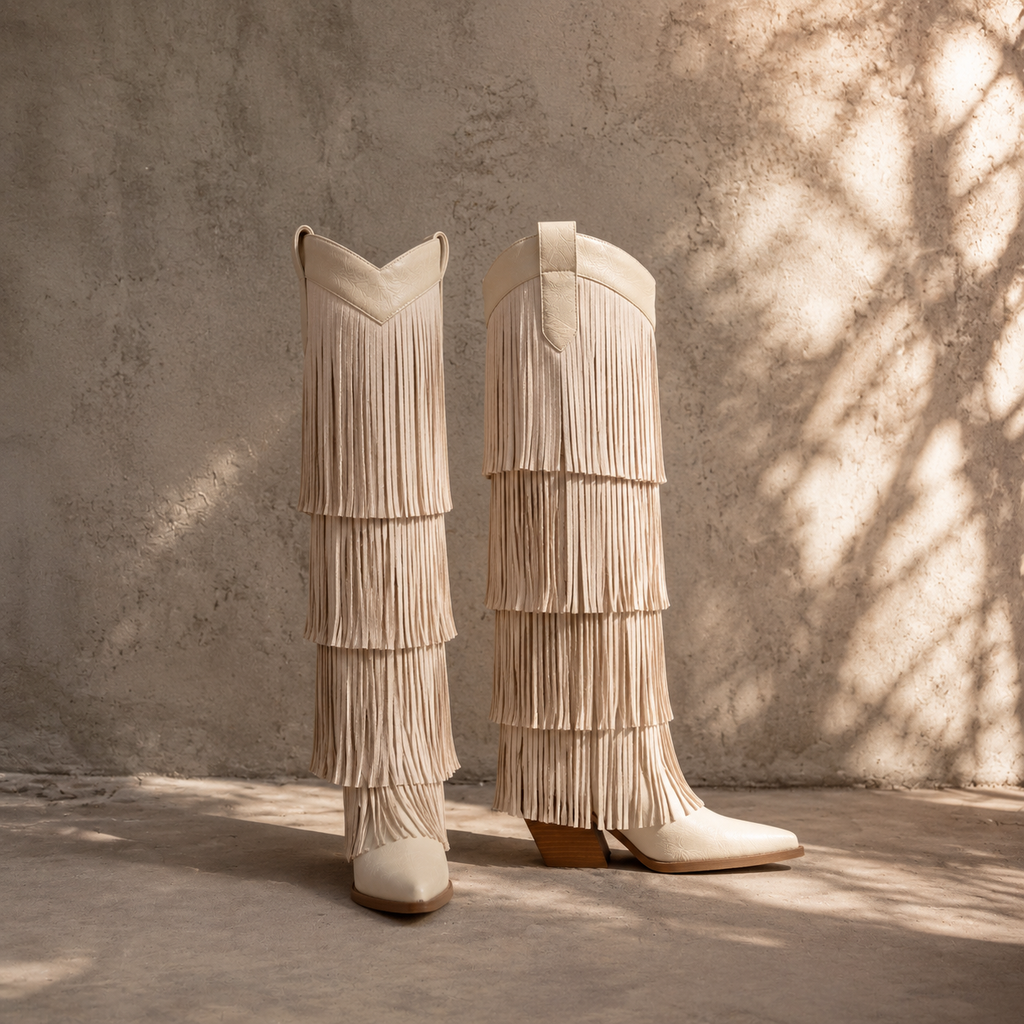 Soft Cream Besalu Leather Square-Heel Boots styled scene