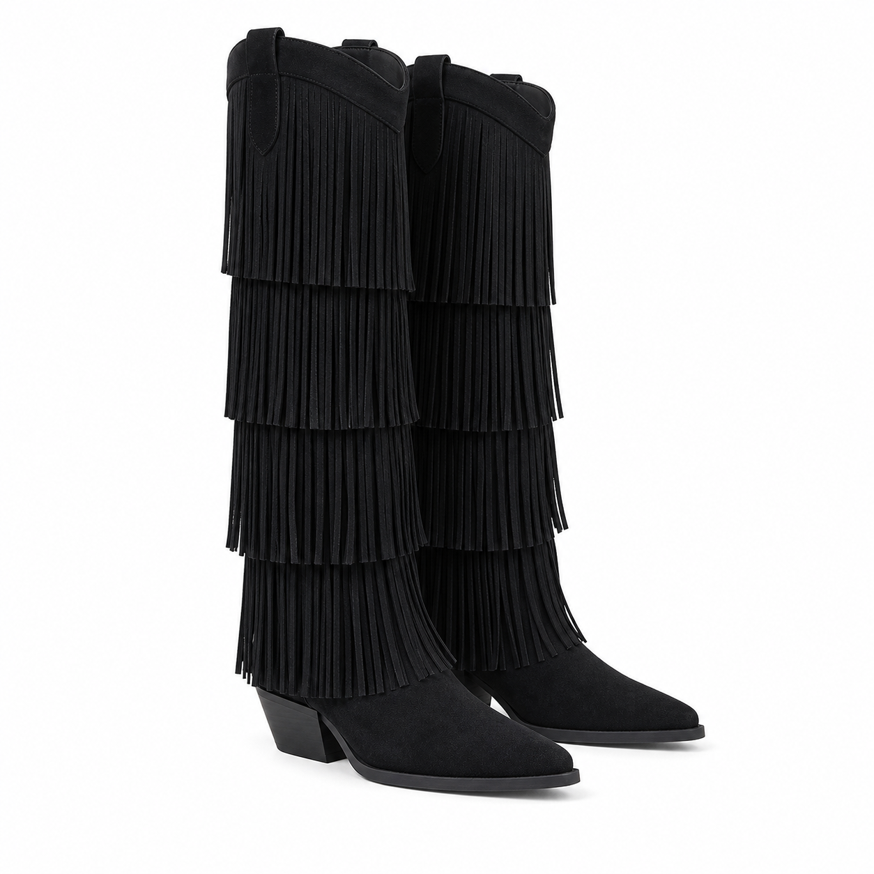 Black Suede Besalu Leather Square-Heel Boots
