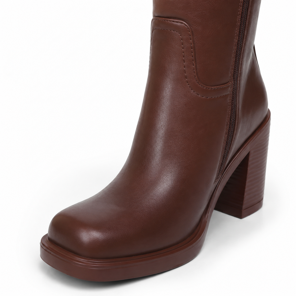 Rich Brown Barolo Leather Low-Heel Boots close-up detail