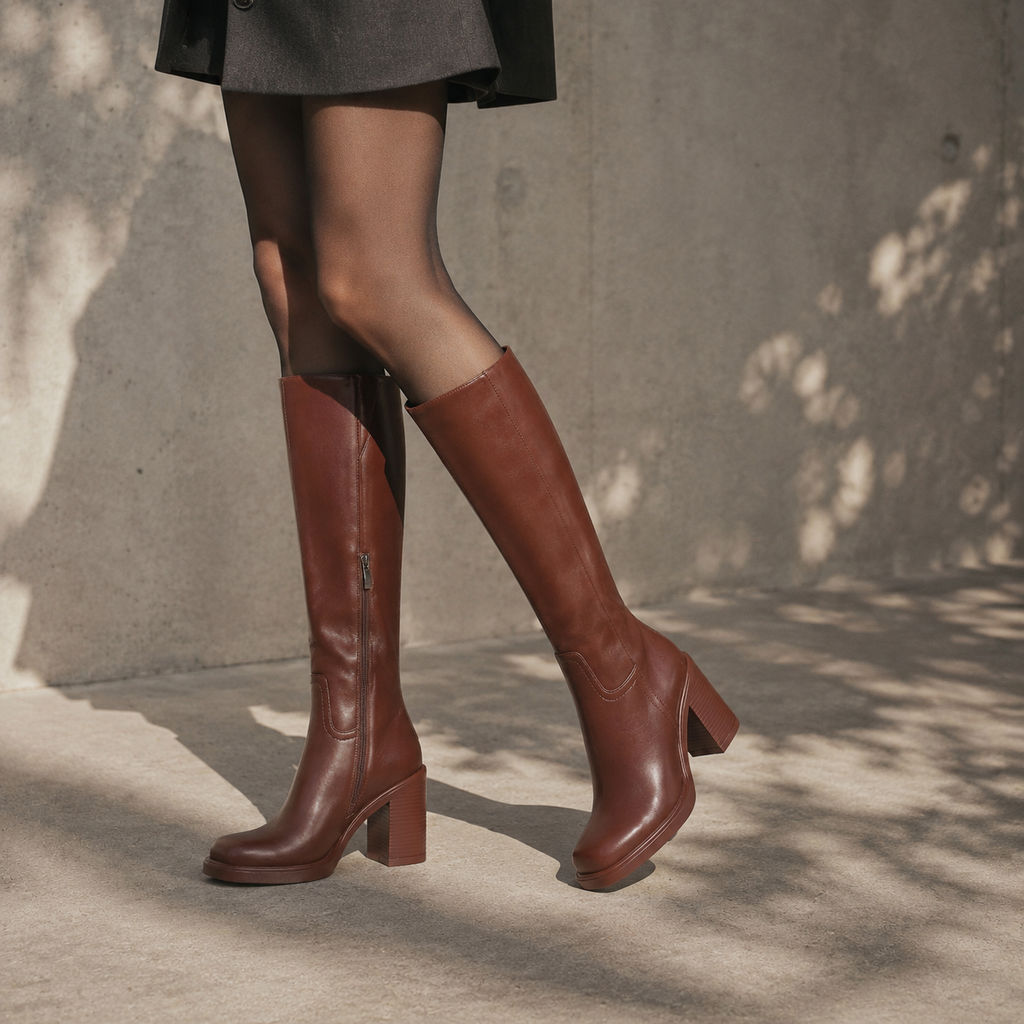 Rich Brown Barolo Leather Low-Heel Boots on-foot view