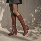 Rich Brown Barolo Leather Low-Heel Boots on-foot view